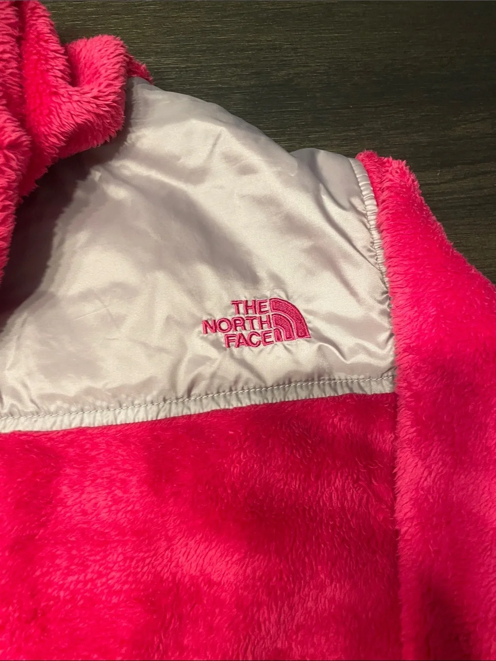 The North Face Bright Pink Hooded Fleece Jacket with Silver Yoke